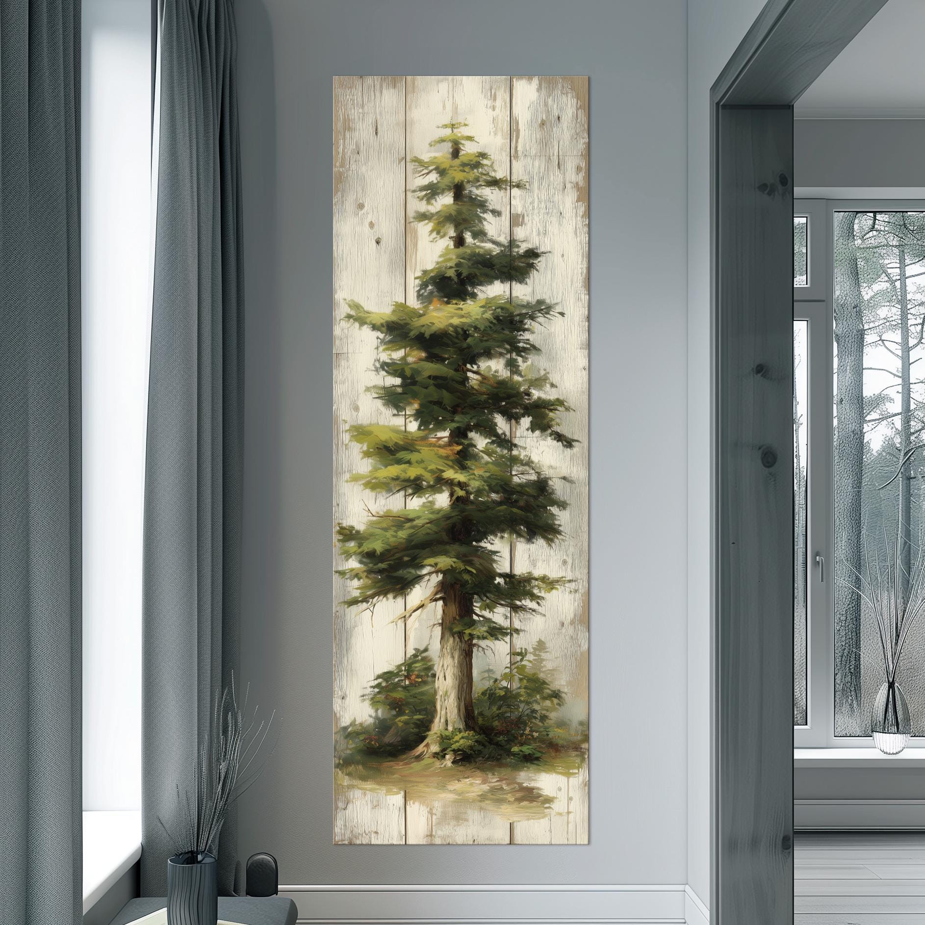 Pine Tree Canvas Wall Art Tall Narrow Cottage Decor Rustic Wood PRINT ...
