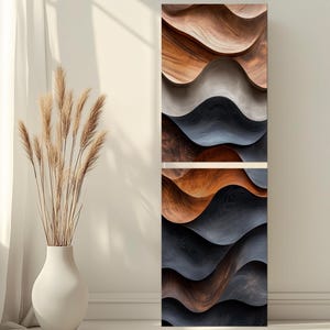 a minimalist interior design with a white vase holding dried reeds, a wooden wall art piece with a wave-like pattern, and a white wall.