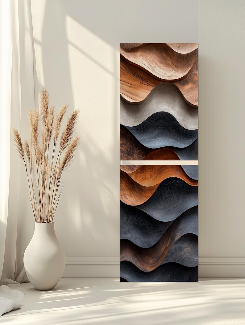 a minimalist interior design with a white vase holding dried reeds, a wooden wall art piece with a wave-like pattern, and a white wall.