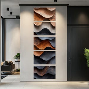 a modern art piece with a wave-like pattern in shades of brown and orange, displayed on a wall in a contemporary setting.