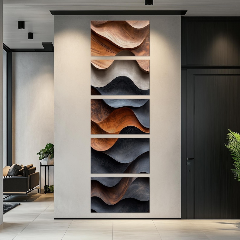 a modern art piece with a wave-like pattern in shades of brown and orange, displayed on a wall in a contemporary setting.