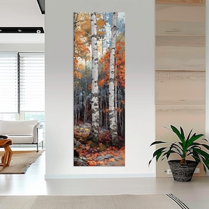 May include: A vertical canvas art print showing a forest scene. The artwork features tall, slender birch trees with white bark and black markings, surrounded by autumn foliage in shades of orange and red. The background shows a mix of blues and greens.