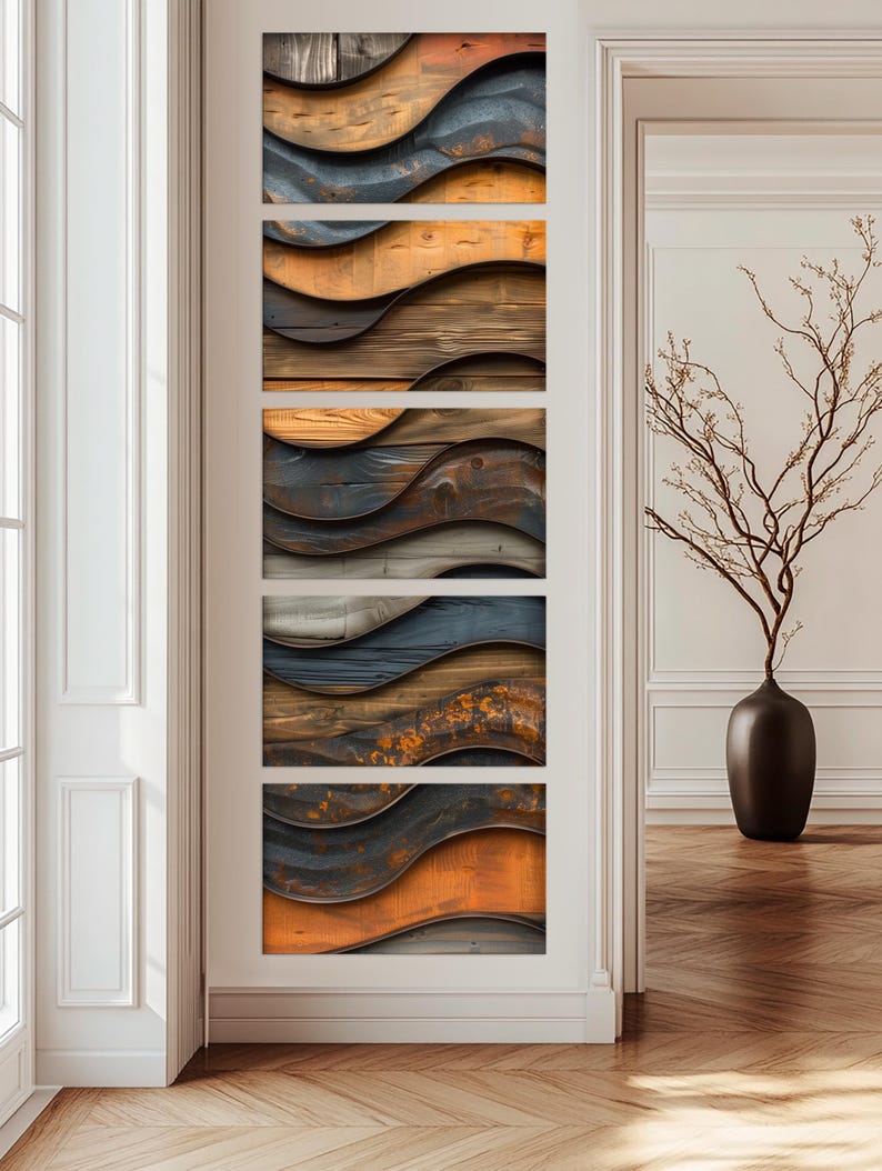 a modern art piece with a wooden texture, displayed on a wall in a room with a large window and a vase of branches.