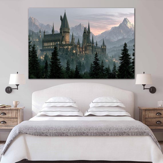 Old castle mountains canvas wall art Fantasy decor Mountain print Castle landscape painting Library decor Large wall art Housewarming gift