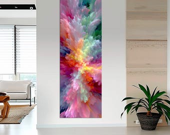 May include: A tall, rectangular abstract artwork with a burst of vivid colours. The piece displays a dynamic mix of pinks, yellows, oranges, greens, and blues, forming a visually captivating and energetic design. Suitable for adding a contemporary feel to any room.
