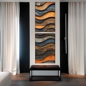 a modern interior design with a large abstract wall art piece depicting wavy lines in various colors, including orange, blue, and brown. The art piece is mounted on a white wall, and there is a black bench in front of it. The room has white curtains on the windows, and the overall color scheme is predominantly black and white.
