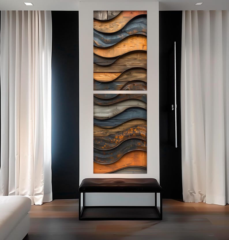a modern interior design with a large abstract wall art piece depicting wavy lines in various colors, including orange, blue, and brown. The art piece is mounted on a white wall, and there is a black bench in front of it. The room has white curtains on the windows, and the overall color scheme is predominantly black and white.