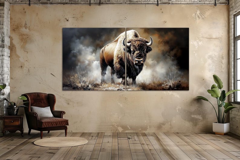 Yellowstone Bison Canvas Wall Art Rustic Decor Bull Buffalo Wildlife ...