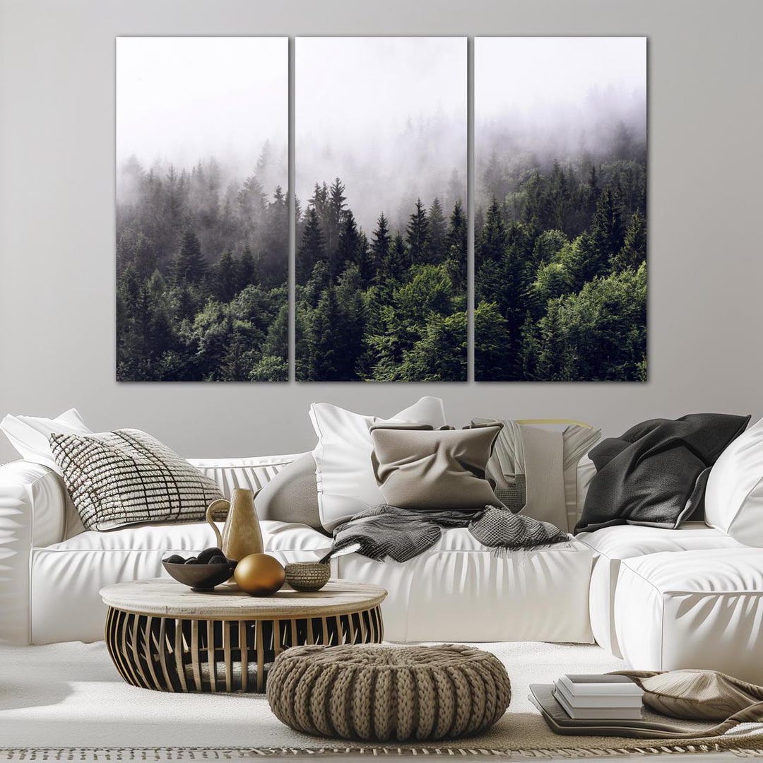Misty Forest Canvas Wall Art Boho Wall Decor Mountain Print Green ...