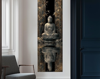 May include: A vertical canvas print depicting a serene Buddha statue in a meditative pose. The artwork features a reflective water surface, bamboo stalks, and a dark background, creating a tranquil and spiritual ambiance.