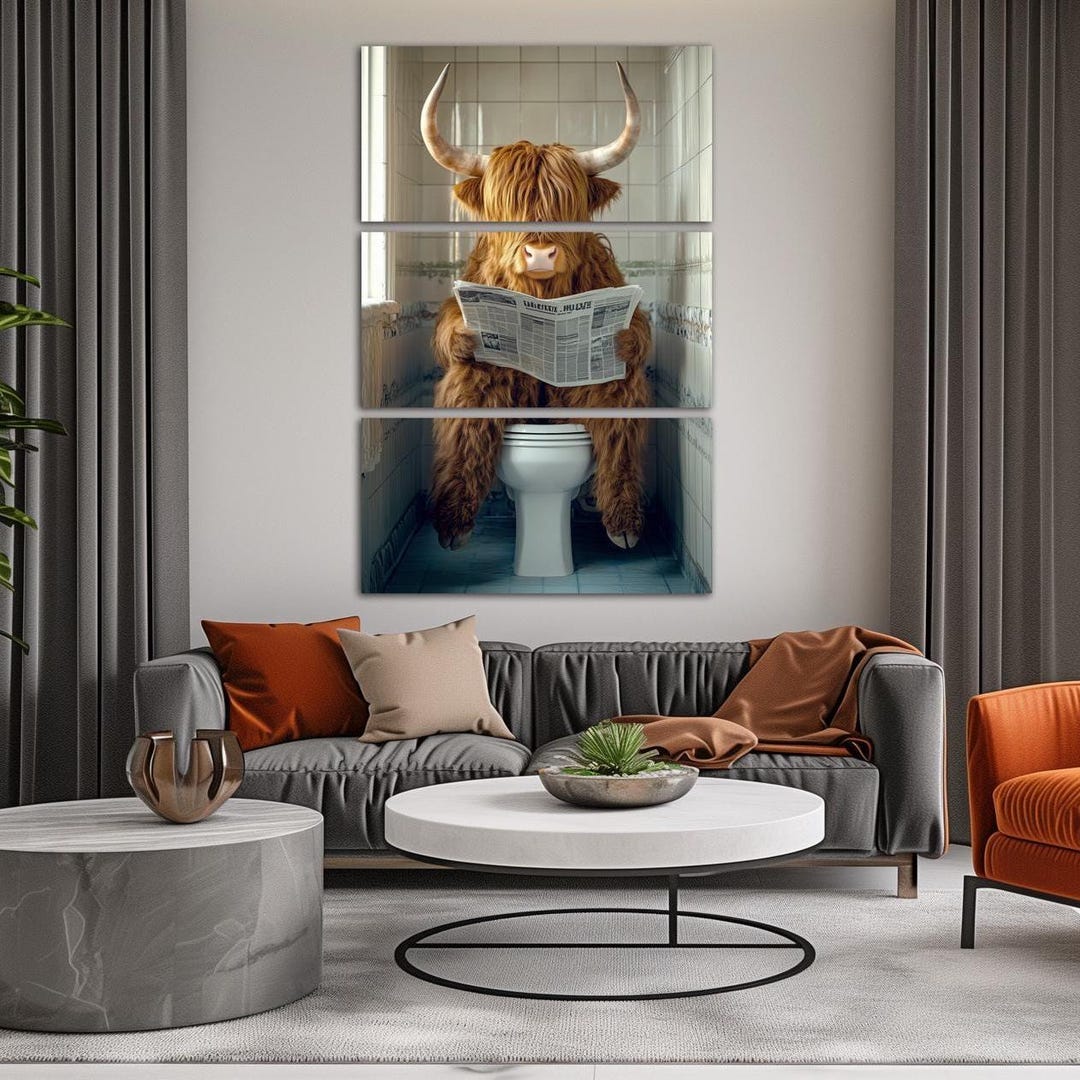 Funny Highland Cow on Toilet Canvas Wall Art Bathroom Wall Decor Cute ...