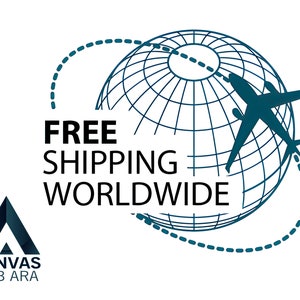 May include: A blue globe with a dashed line around it, representing a flight path. A blue airplane is flying over the globe. The text "FREE SHIPPING WORLDWIDE" is written in black below the globe.