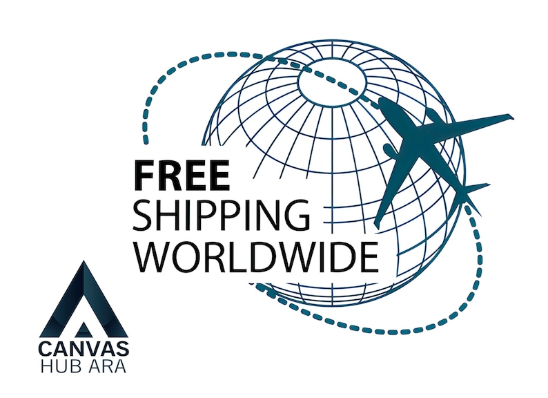 May include: A blue globe with a dashed line around it, representing a flight path. A blue airplane is flying over the globe. The text "FREE SHIPPING WORLDWIDE" is written in black below the globe.