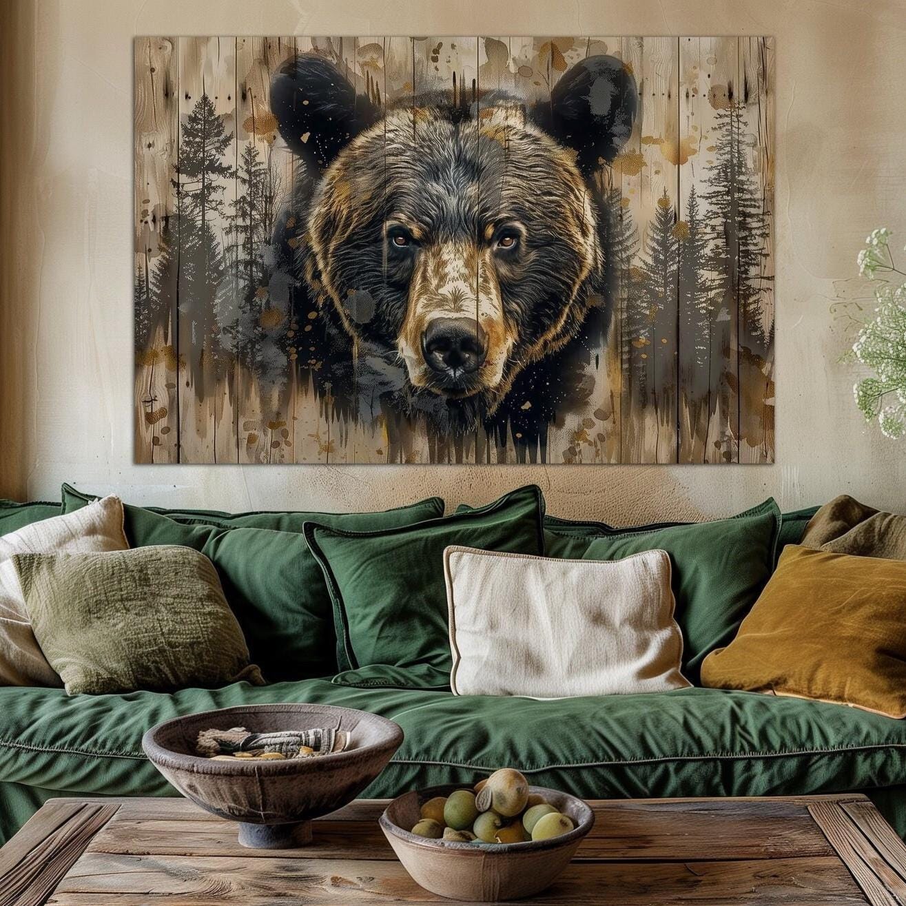 Forest bear canvas wall art Living room decor Pine trees Animals print