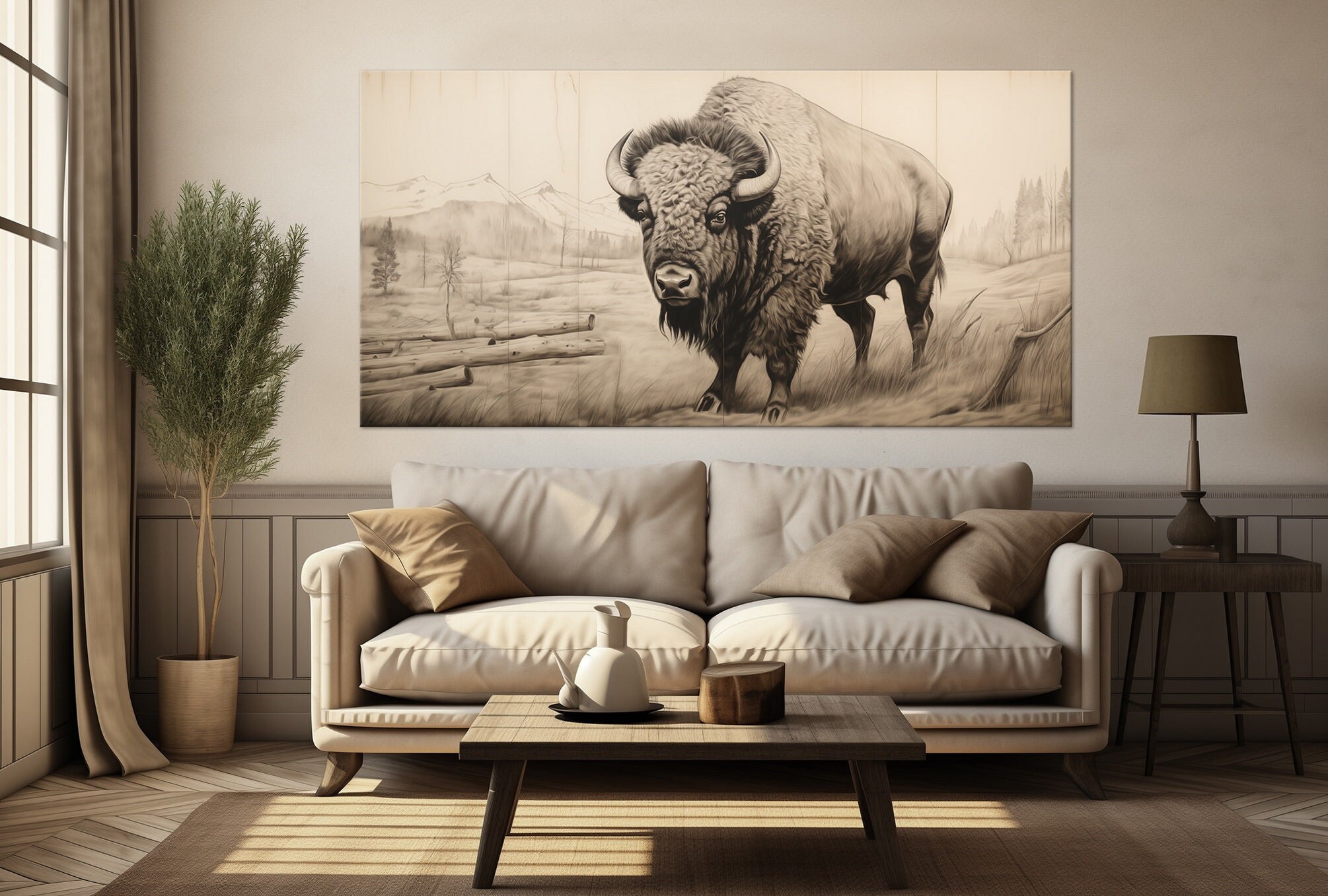 Bison Canvas Wall Art Animal Farmhouse Decor Cottagecore Sepia Vintage ...