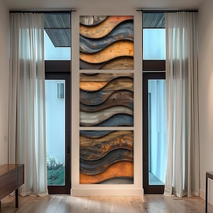 a modern living room with a large wall art piece depicting a wave-like pattern in shades of orange, blue, and brown. The room has large windows with white curtains, and the floor is made of wood.