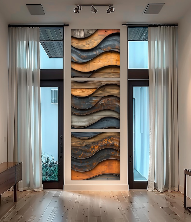 a modern living room with a large wall art piece depicting a wave-like pattern in shades of orange, blue, and brown. The room has large windows with white curtains, and the floor is made of wood.