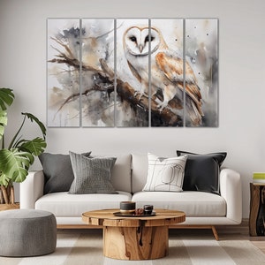 Barn Owl Canvas Wall Art Watercolor Painting Print White Beige Bird ...