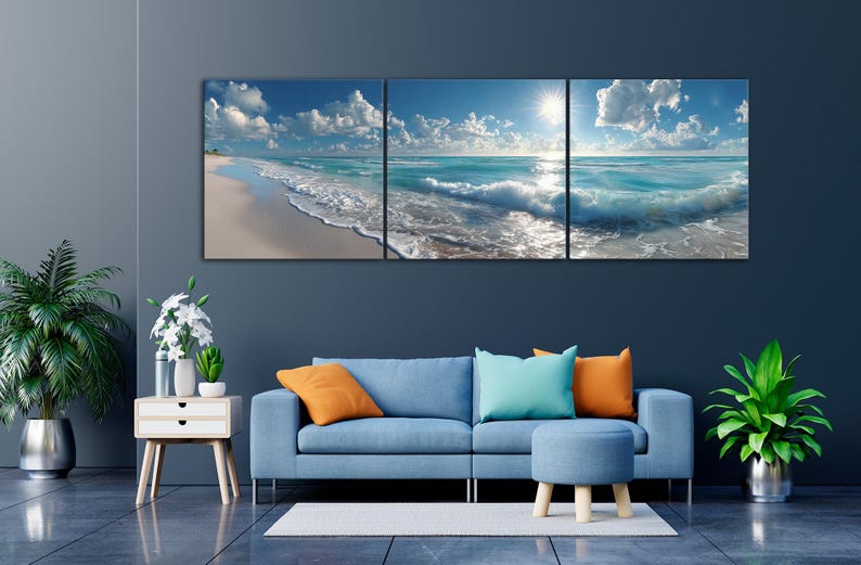 Beach Blue Ocean Canvas Wall Art Coastal Decor Above King Bed Art Print ...