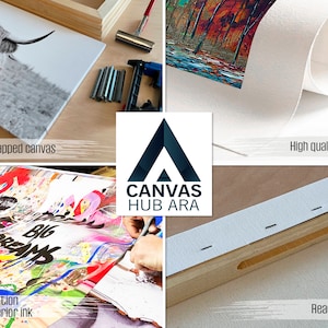 May include: A close-up of a canvas print being stretched over a wooden frame. The print features a colorful abstract design. The text "CANVAS HUB ARA" is visible in the center of the image. The image also shows the steps involved in creating a gallery-wrapped canvas print, including high-resolution printing, bright interior ink, and a ready-to-hang finish.