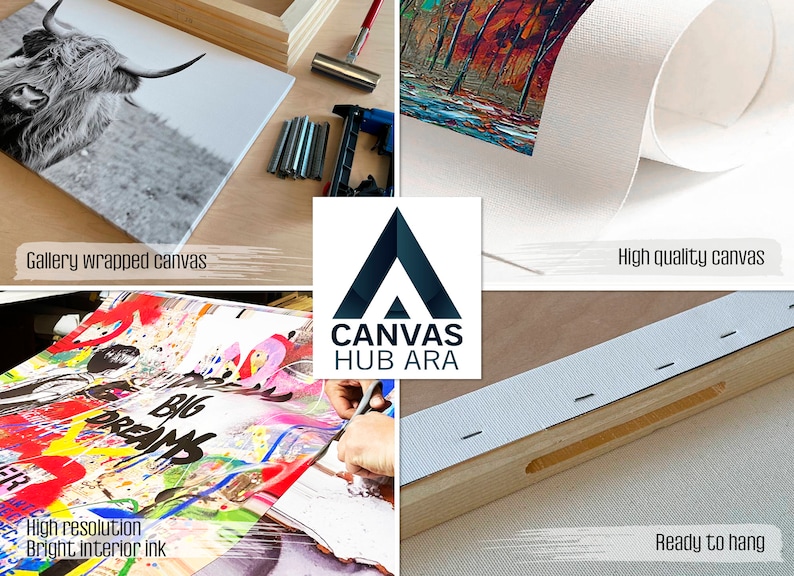 May include: A close-up of a canvas print being stretched over a wooden frame. The print features a colorful abstract design. The text "CANVAS HUB ARA" is visible in the center of the image. The image also shows the steps involved in creating a gallery-wrapped canvas print, including high-resolution printing, bright interior ink, and a ready-to-hang finish.