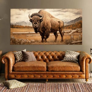 Beige bison canvas wall art Rustic home decor Bison Yellowstone wildlife print Buffalo Farmhouse decor Large wall art Housewarming gift