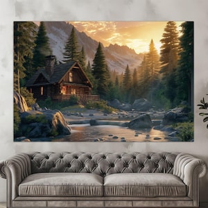 Mountain landscape canvas wall art Cozy cottagecore decor Forest art print Aesthetic wall art Landscape large wall art Housewarming gift