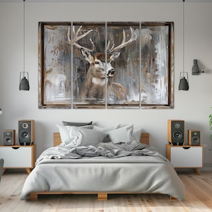 Deer canvas wall art Apartment wall decor Deer print Rustic home decor Scandinavian art Forest wall art Large wall art Housewarming gift	Set of 4 Panels