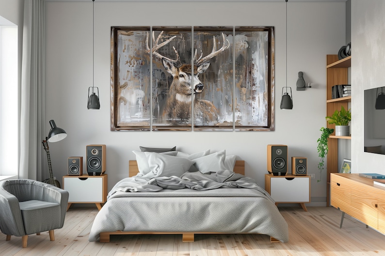 Deer canvas wall art Apartment wall decor Deer print Rustic home decor Scandinavian art Forest wall art Large wall art Housewarming gift	Set of 4 Panels