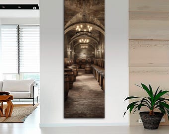 May include: A vertical canvas print depicting a wine cellar with rows of wooden barrels and a brick floor. The arched ceiling is made of brick, with several chandeliers illuminating the space. The overall color palette is warm and earthy.