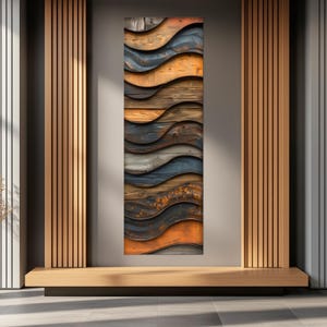 a modern art piece with a wooden wall and a wooden bench in the foreground. The art piece is a vertical panel with a repeating pattern of wavy lines in various shades of orange, blue, and brown.