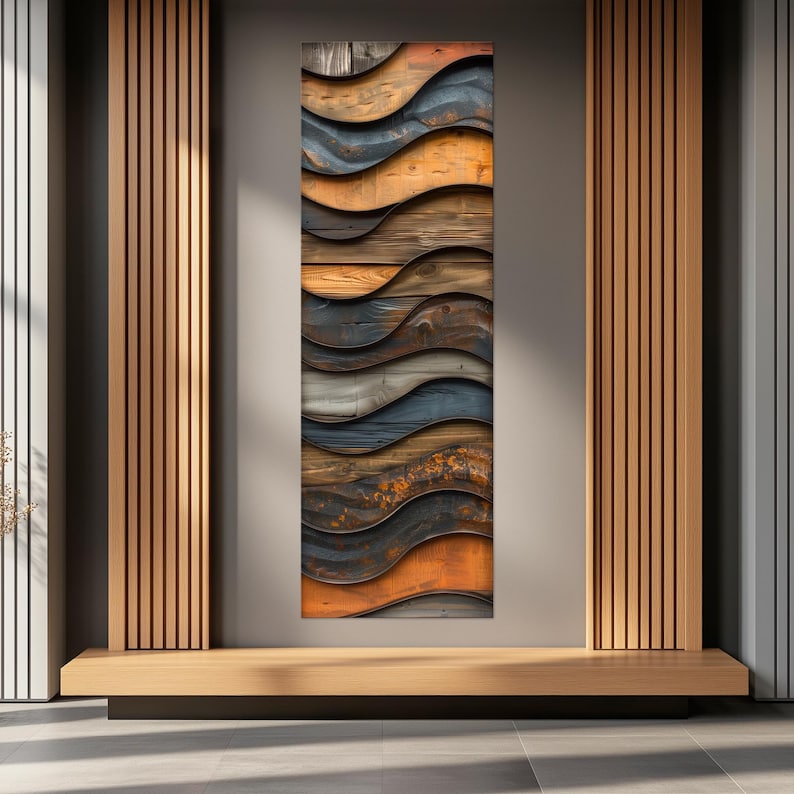 a modern art piece with a wooden wall and a wooden bench in the foreground. The art piece is a vertical panel with a repeating pattern of wavy lines in various shades of orange, blue, and brown.