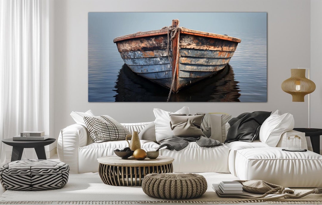 Rustic Boat Canvas Wall Art Coastal Decor Minimalist Lake Art Print ...