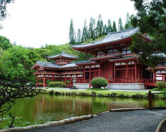 Buddhist Temple Wall Art – Byodo-In Temple Reflection Print, Oahu Hawaii Nature Photography, Zen Decor Canvas or Acrylic