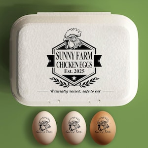 Eierdoos stempel gepersonaliseerde aangepaste eierdozen etiketten, hobby kip boerderij cadeau, verse eieren kippenhok cadeau naam boer rubber stempel