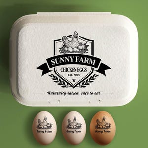 Aangepaste eierdoos stempel gepersonaliseerde kippeneierdozen boerderij cadeau, verse eieren boerderij naamlogo, achtertuin eierboer grote rubberen stempel