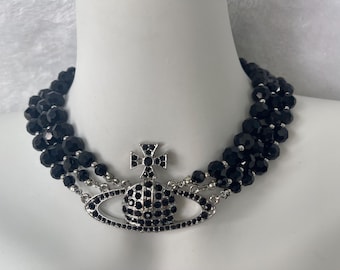 Full diamond three-layer black agate Saturn necklace female new retro dark personality short clavicle chain