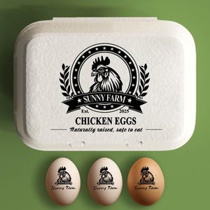 Gepersonaliseerde eierdoos stempel kippeneierdozen stamper, boerderij cadeau, verse eieren boerderij naamlogo, aangepaste eierdoos etiketten boer cadeau
