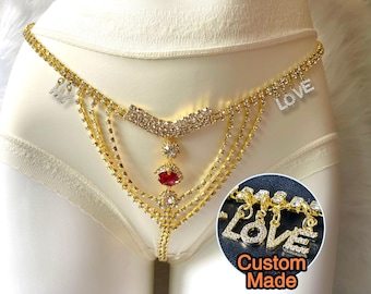 Crystal thong, silver and gold body accessories, statement thong, gothic thong, festival, body chain women, Customizable namee name