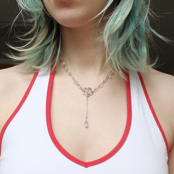 Dainty Coquette Crystal Necklace, Elegant, Clean Girl Aesthetic, Fairycore and Cottagecore Jewelry, Silver Simple Classy Accessory,