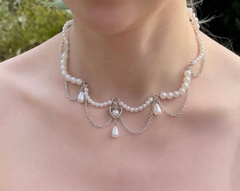White Pearl Choker: Handmade Beaded Heart Pendant Necklace