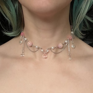 Pink Aurora – Handmade Layered Beaded Silver Princess Necklace, Y2K Fairycore Choker