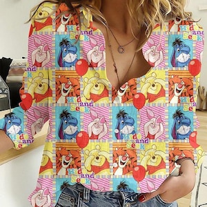 Camisa vintage de Winnie the Pooh con aspecto de lino, camisa informal de Pooh y sus amigos, camisa de manga larga con dibujos animados de Disney, camisa del Reino Mágico
