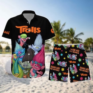 Camisa hawaiana con bandas de Trolls, pantalones cortos de Trolls Poppy para hombre, camisa con nombre personalizado, camisa con botones para fiesta de cumpleaños de Trolls, camisa de vacaciones