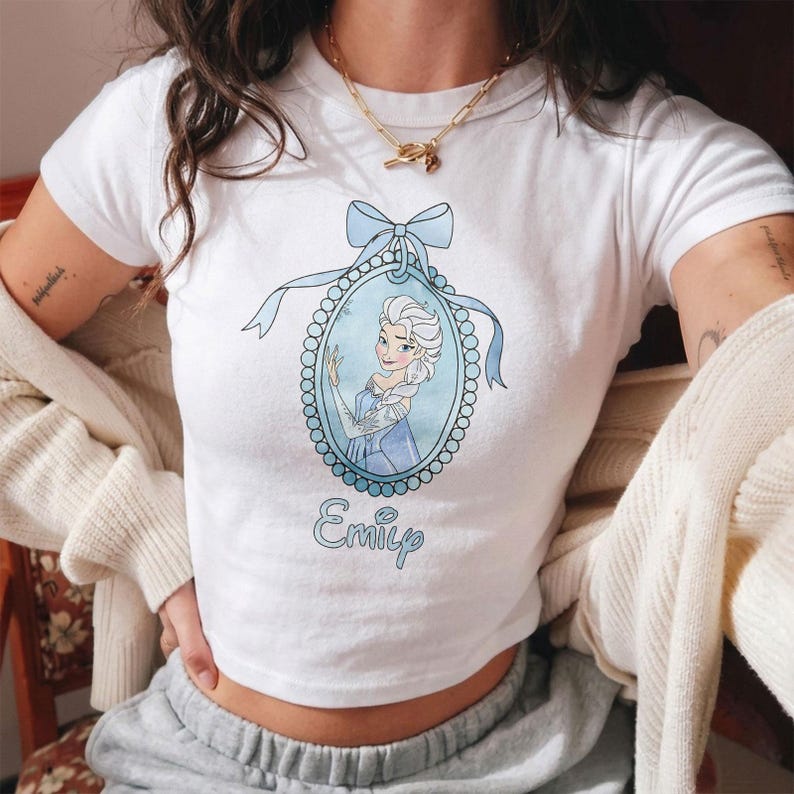 Personalized Elsa Princess Ribbon Baby Tee Crop Top, Disney Frozen Princess Shirt, Cool Girl Baby Tee