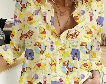 Winnie The Pooh Blouse Shirt, Pooh Bear Women Shirt, Disney Cartoon Shirt Women, Eeyore Piglet Women Blouses, Long Sleeve Shirt