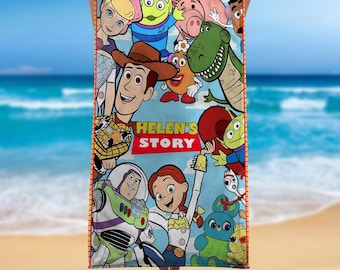 Toalla de playa personalizada de Toy Story, toalla de baño de dibujos animados de Disney, toalla de playa personalizada con nombre, regalo de Magic Kingdom para ella