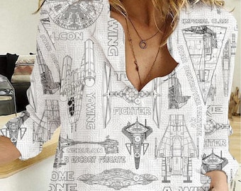 Disney Star Wars blouseshirt, Star Wars casual shirt, Galaxy's Edge dames blouse, ruimteschip Battle shirt met lange mouwen, cadeau voor haar