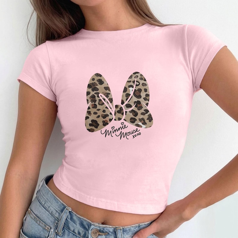 Disney Minnie Mouse Baby Tee, Leopard Minnie Bow Tee Shirt, Cute Minnie Mouse Top, Y2K Disney Aesthetic Tee, Gift For Her