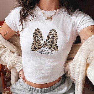 Disney Minnie Mouse Baby Tee, Leopard Minnie Bow Tee Shirt, Cute Minnie Mouse Top, Y2K Disney Aesthetic Tee, Gift For Her